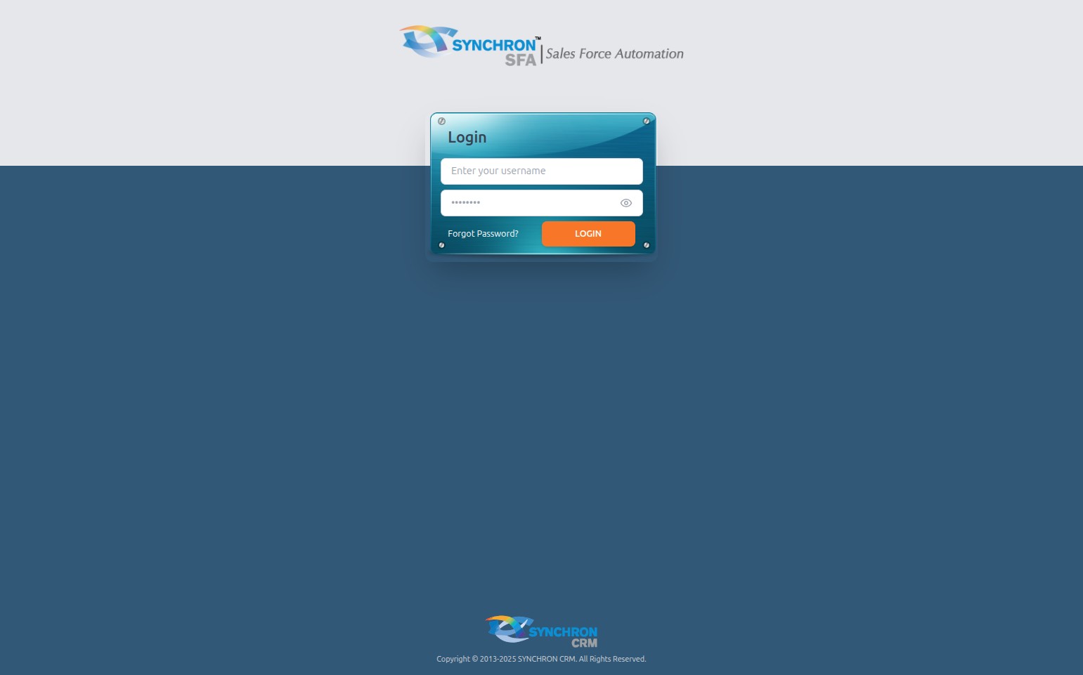SYNCHRON SFA login screen showing the username and password fields, the orange LOGIN button, and the Forgot Password link