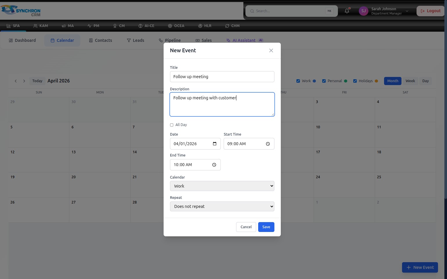 New Event dialog showing an empty Title field, an empty Description area, and the date pre-set to 04/01/2026