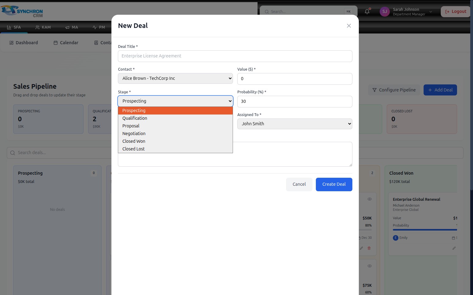 New Deal form with the Stage dropdown expanded, showing all six pipeline stages: Prospecting, Qualification, Proposal, Negotiation, Closed Won, and Closed Lost