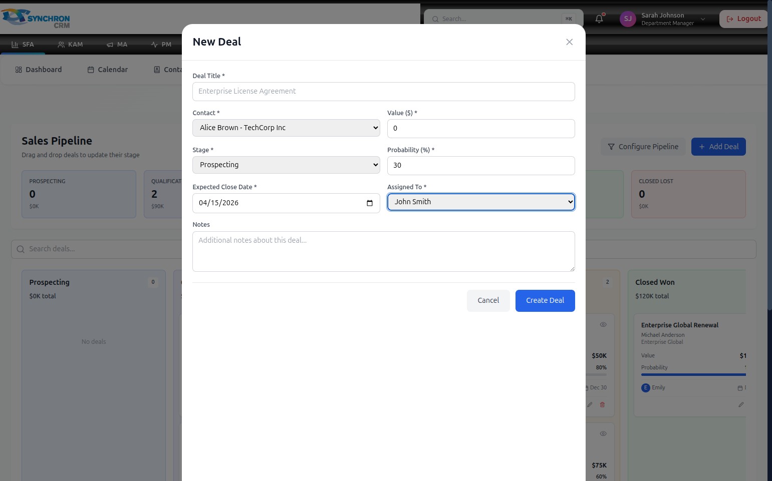 New Deal form showing the Assigned To dropdown with team members listed for selection, alongside the Expected Close Date field above