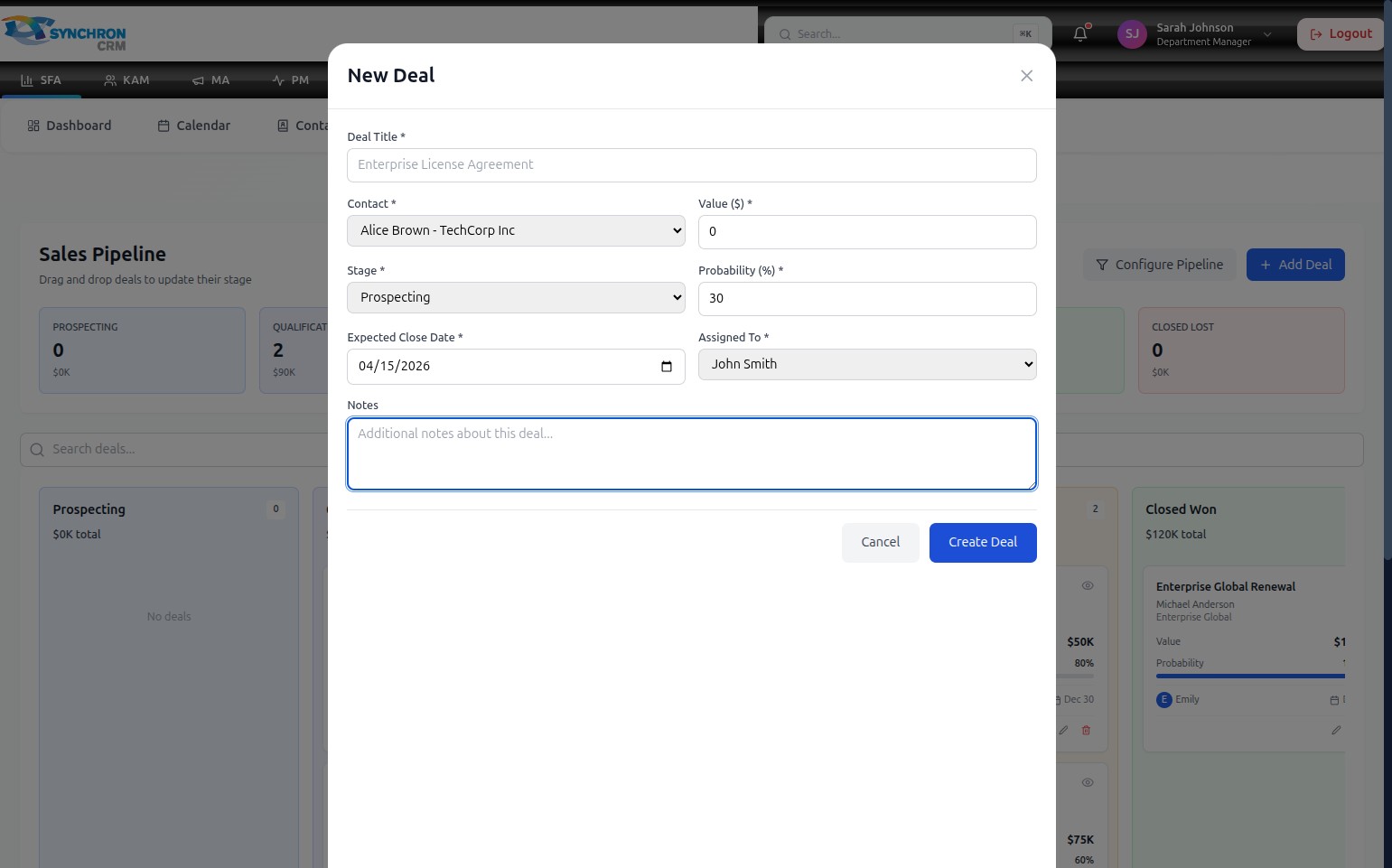 New Deal form with the Notes text area visible at the bottom, ready for optional context about the deal