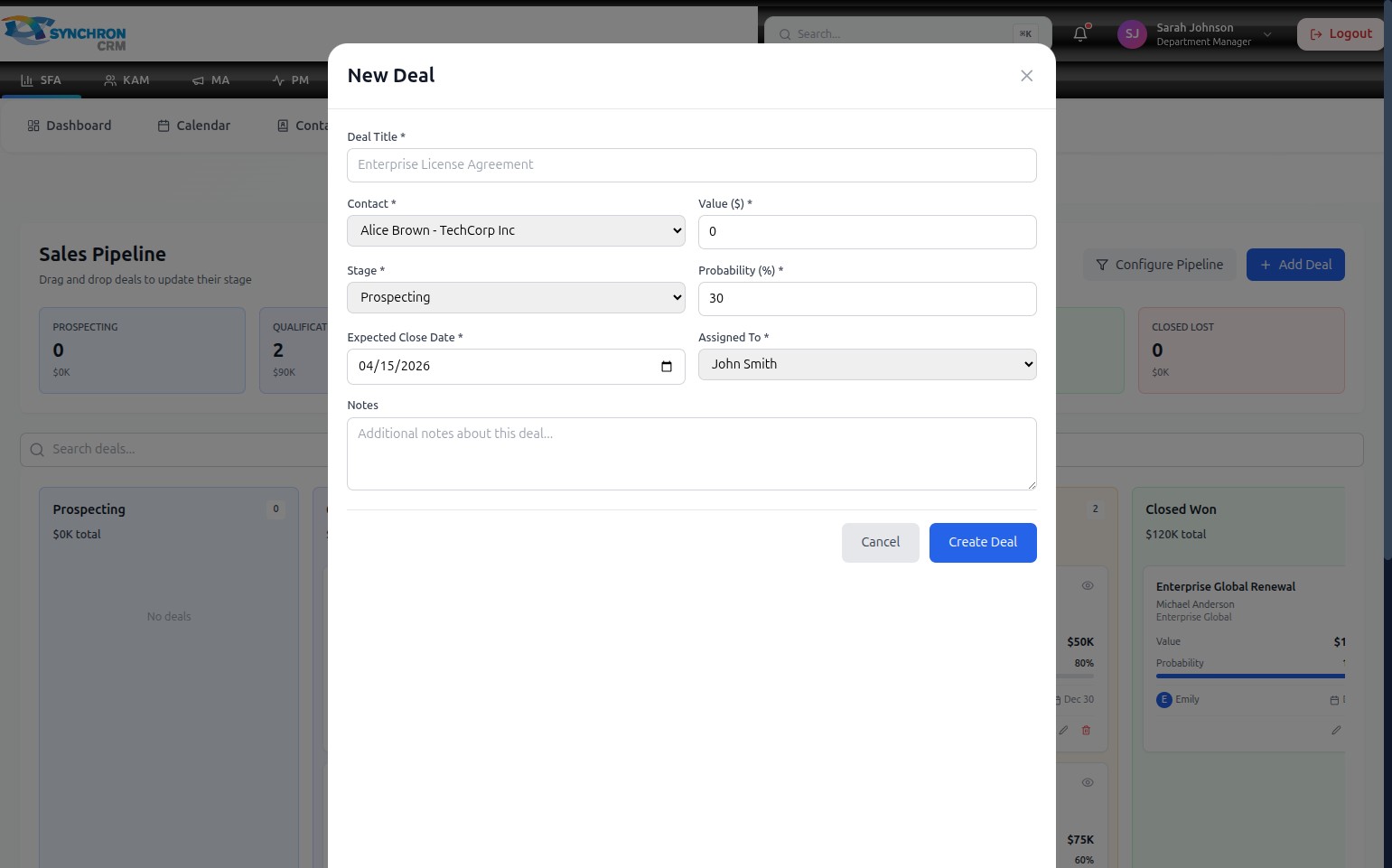 Completed New Deal form with all fields filled and the Create Deal button visible at the bottom right