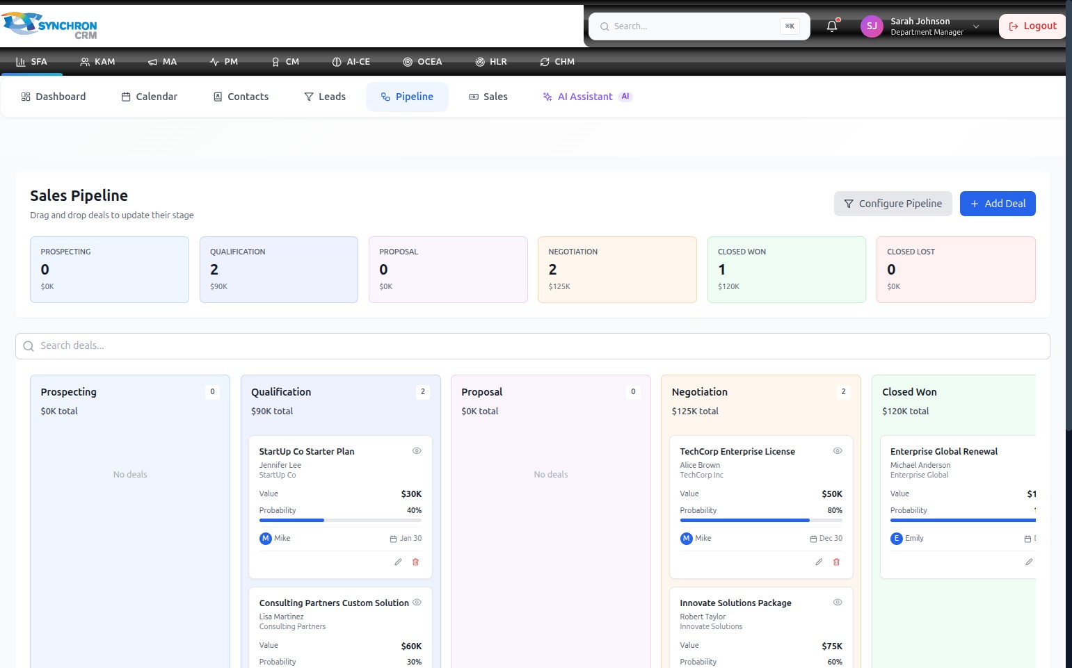 Pipeline board showing the + Add Deal button and the Configure Pipeline filter icon button in the top-right corner, with the full Kanban board visible below