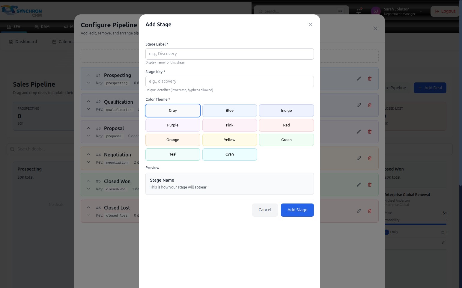 Add Stage modal with two empty required text fields — Stage Label and Stage Key — and a color theme grid below showing 11 color options from Gray to Cyan, with a Preview section at the bottom