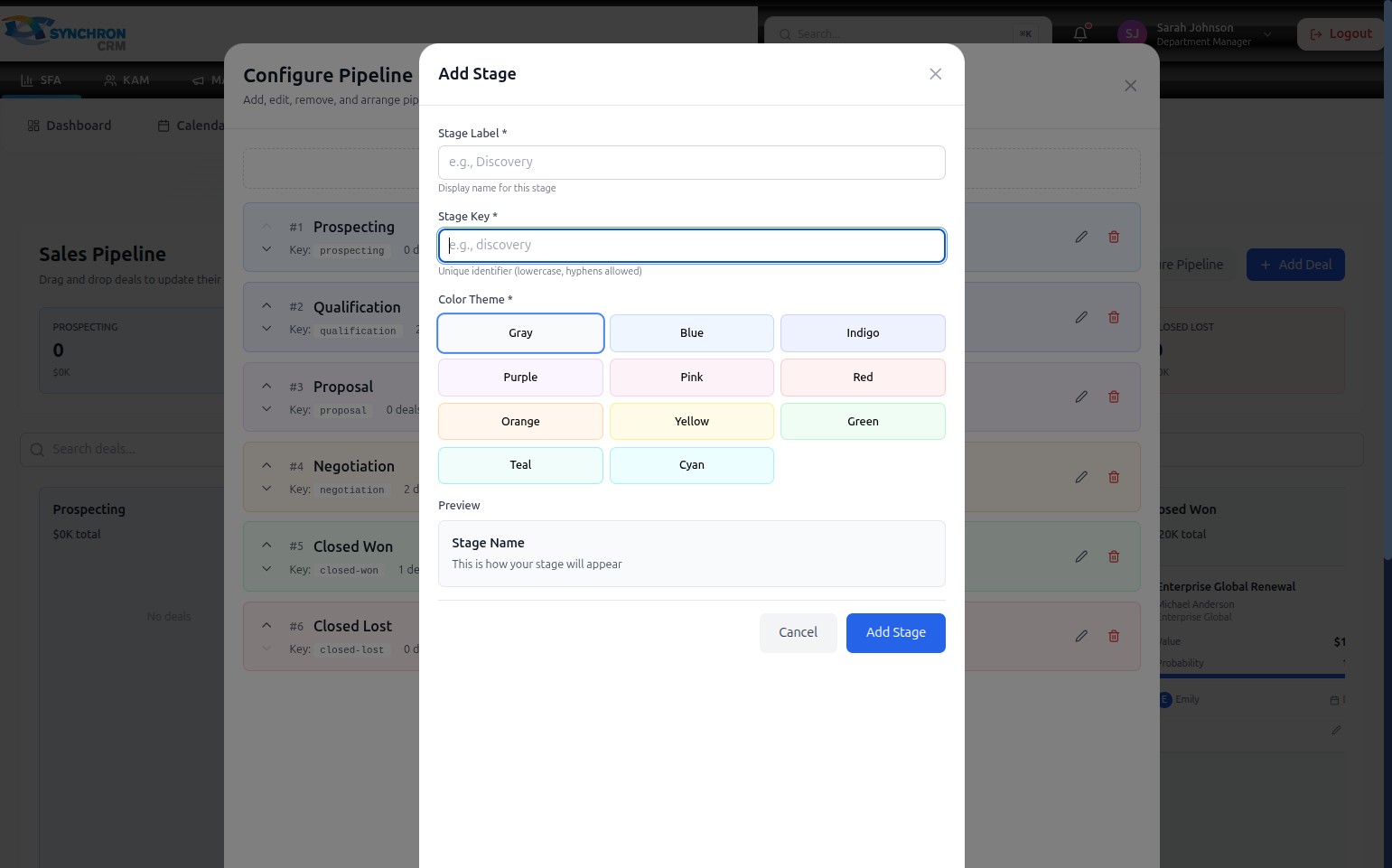 Add Stage modal with the Stage Label field and Stage Key field visible, showing placeholder text e.g. Discovery in the Label field and e.g. discovery in the Key field, with helper text beneath each field