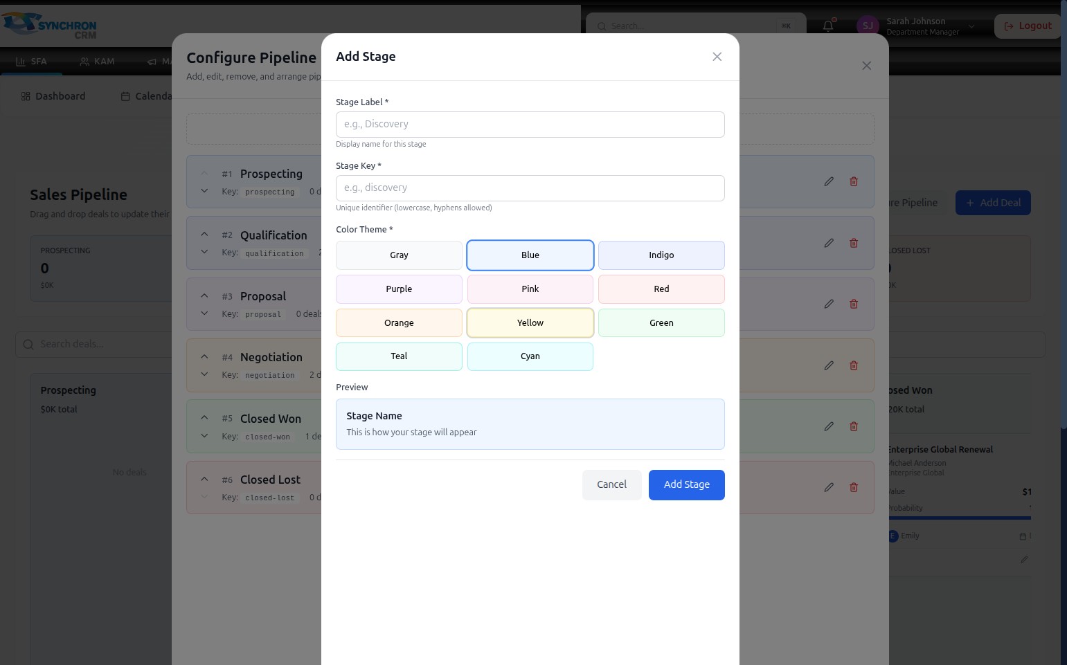 Add Stage modal showing the Color Theme section with 11 color swatches — Gray, Blue, Indigo, Purple, Pink, Red, Orange, Yellow, Green, Teal, Cyan — with a swatch being selected