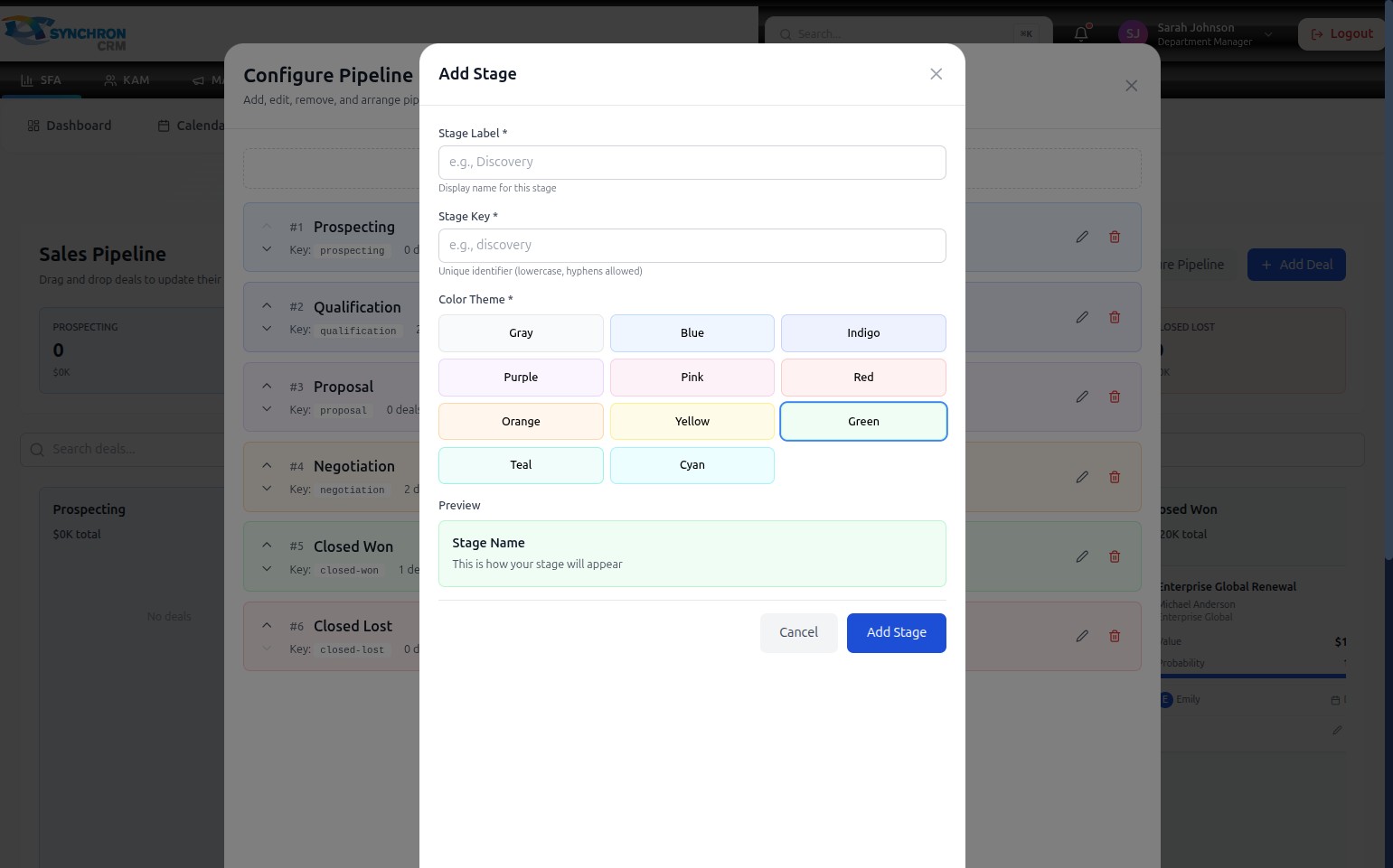 Add Stage modal with the green color swatch selected (highlighted with a blue border), and the Preview panel at the bottom showing Stage Name in the selected color style