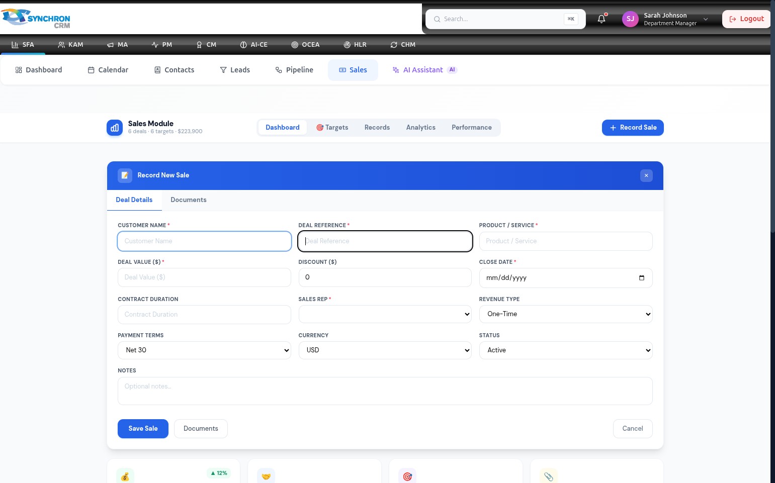 Record New Sale modal showing the Customer Name and Deal Reference fields focused and ready for input at the top of the Deal Details tab
