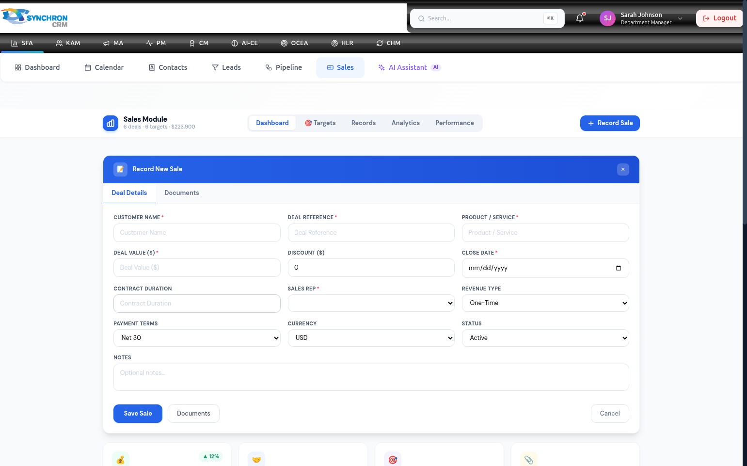 Record New Sale modal with the Deal Details tab active, showing required fields Customer Name, Deal Reference, Product / Service, Deal Value, and Close Date at the top of the form