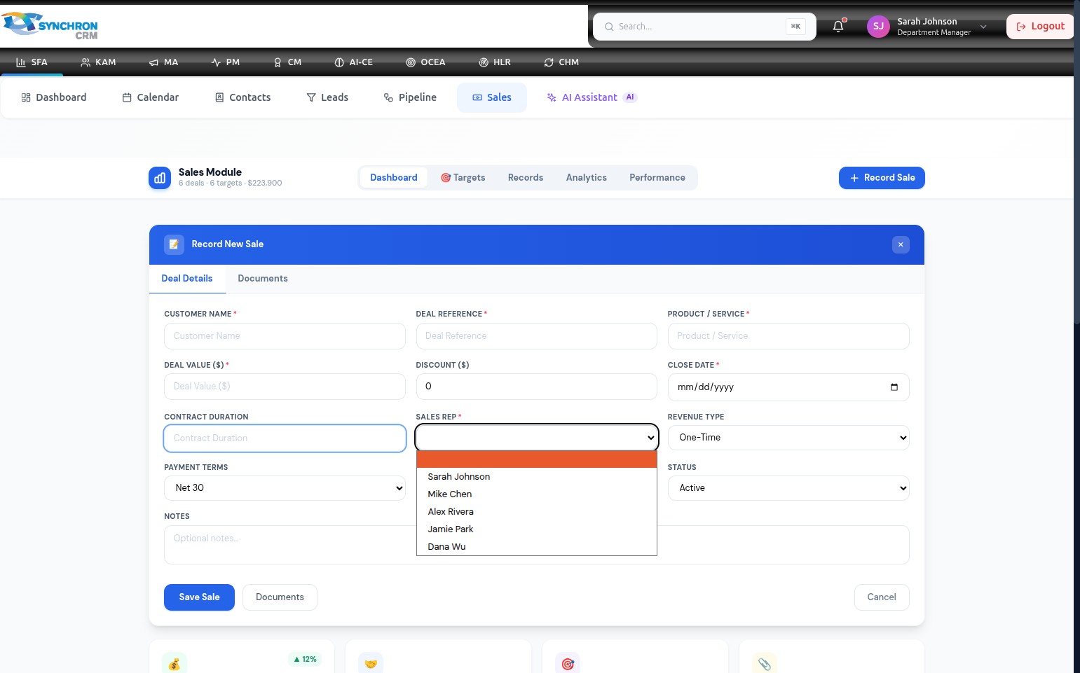 Record New Sale modal with the Sales Rep dropdown expanded, showing a list of representatives including Sarah Johnson (highlighted), Mike Chen, Alex Rivera, Jamie Park, and Dana Wu