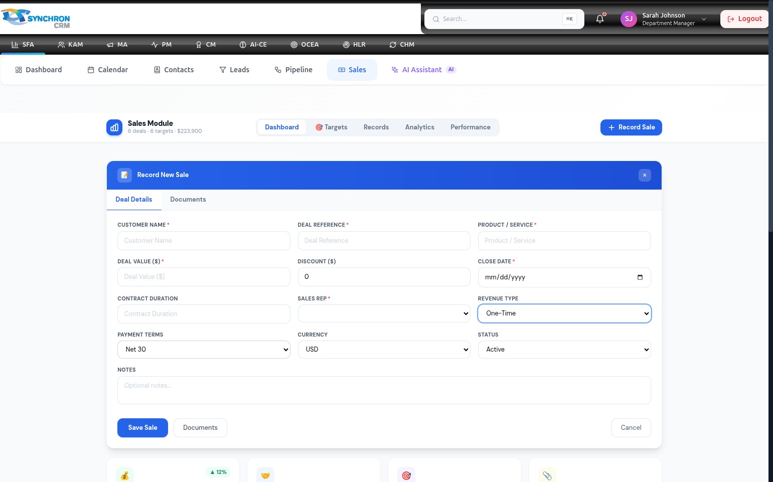 Record New Sale form showing the lower section with optional fields: Discount, Contract Duration, Revenue Type dropdown set to One-Time, Payment Terms dropdown set to Net 30, Currency dropdown set to USD, Status dropdown set to Active, and the Notes text area