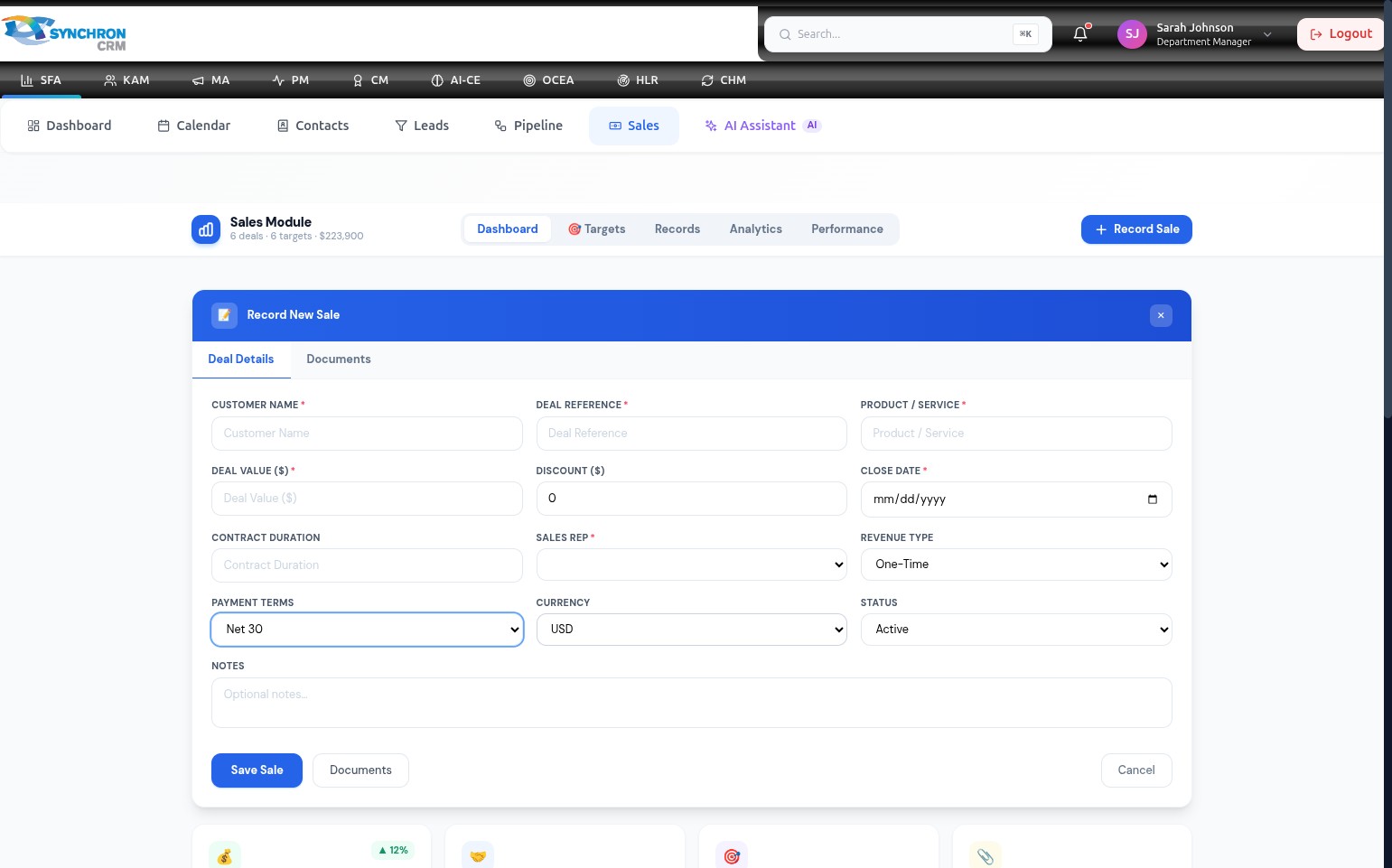Record New Sale modal showing the Notes text area at the bottom of the form, with placeholder text Optional notes and the Save Sale and Documents action buttons visible below