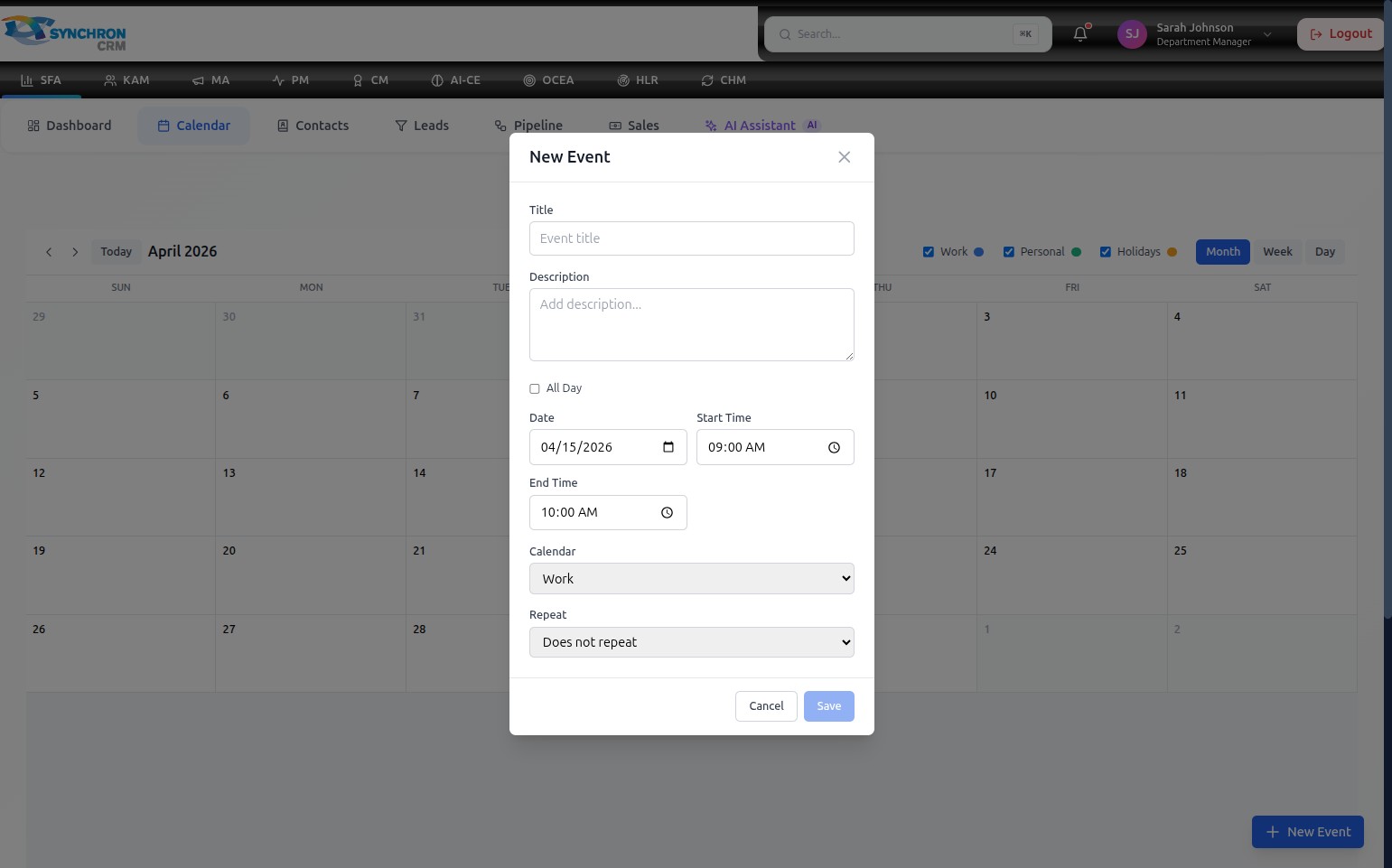 New Event dialog showing the Calendar dropdown set to Work and the Repeat dropdown set to Does not repeat