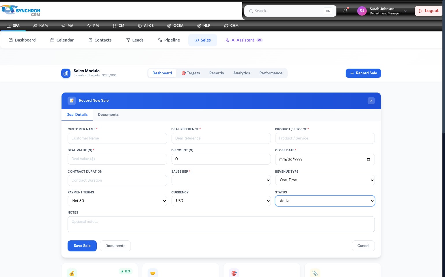 Record New Sale form with all required and optional fields completed, showing customer data, deal value, assigned sales rep, close date, and configured deal terms ready for submission