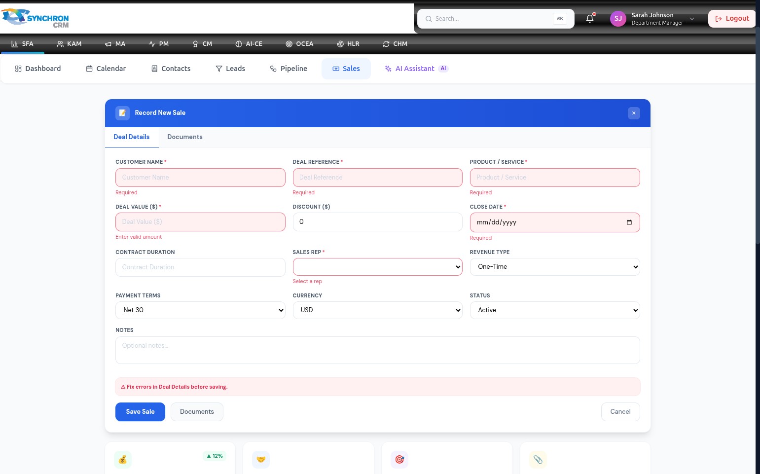 Record New Sale modal showing validation errors with red-bordered input fields and error messages such as Enter valid amount and Select a rep, and a warning banner reading Fix errors in Deal Details before saving