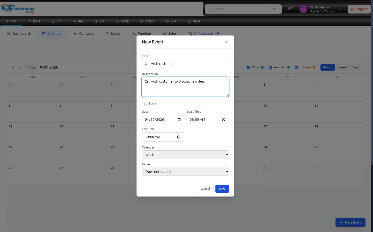 New Event dialog with the Title field containing Call with customer, the Date set to 04/15/2026, Start Time 09:00 AM, End Time 10:00 AM, Calendar set to Work, and the Repeat dropdown set to Does not repeat