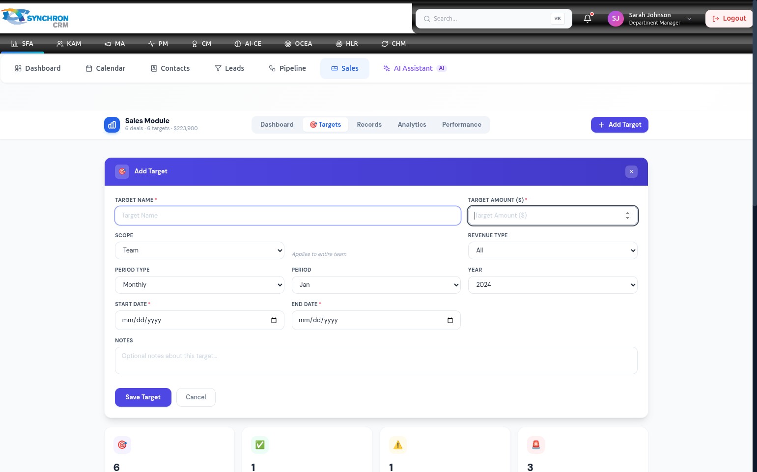 Add Target form with the Scope dropdown visible, set to Team, with helper text Applies to entire team shown below the dropdown