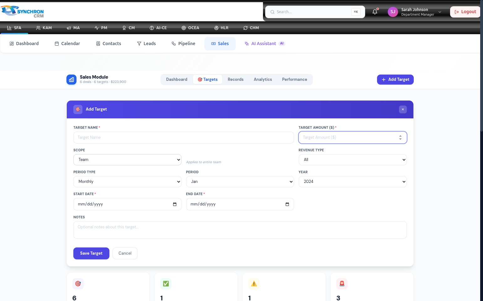 Add Target form showing the Revenue Type dropdown expanded with options for All, New Business, and Recurring revenue types