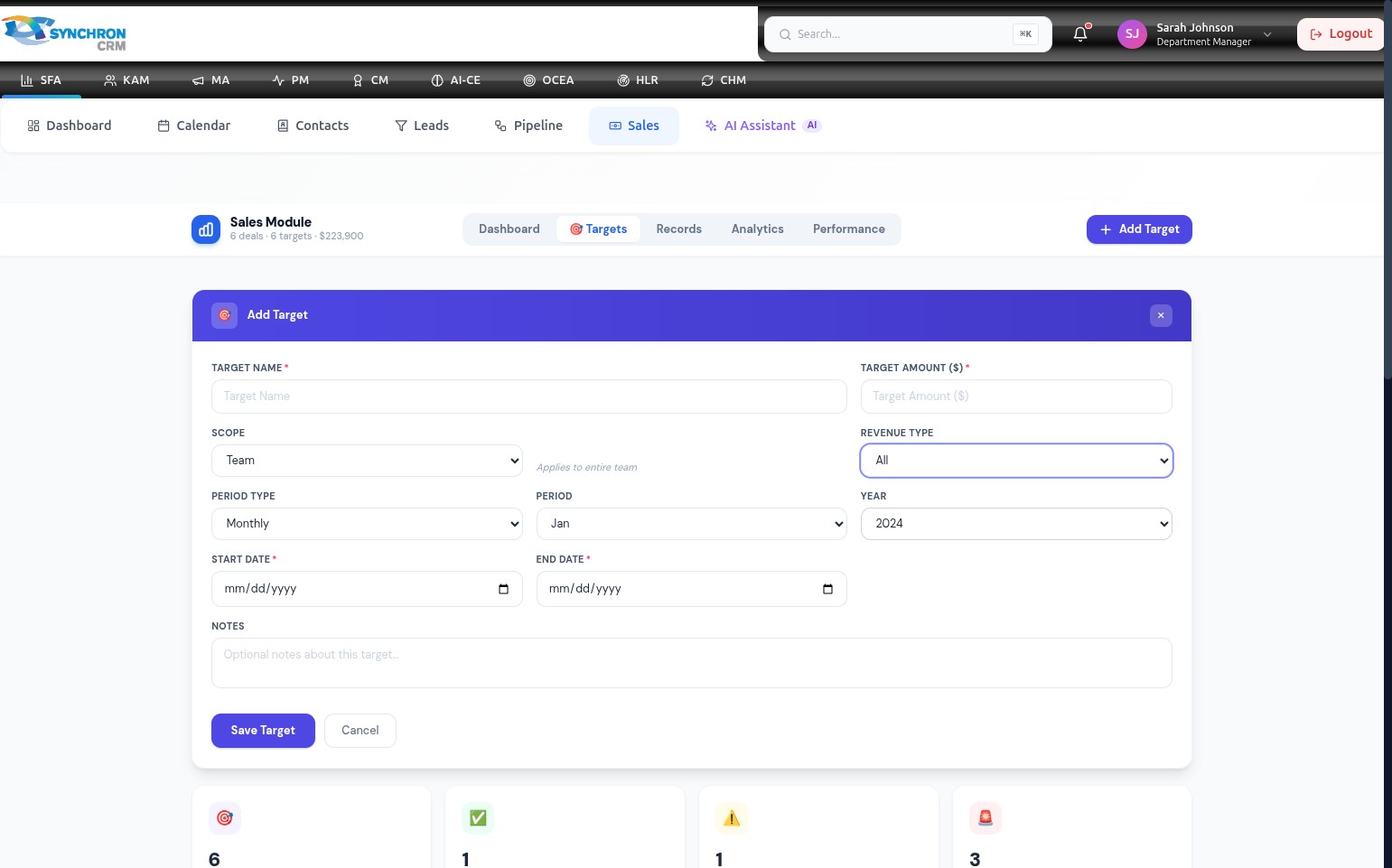 Add Target form with the Start Date and End Date fields both visible, the Start Date filled in and the End Date field active with the calendar icon ready to be clicked
