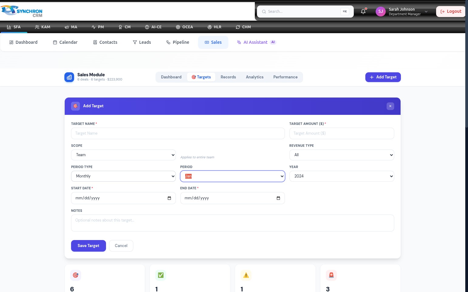 Add Target modal with a purple header icon, and the form fields Target Name, Target Amount, Scope dropdown set to Team, Revenue Type set to All, Period Type set to Monthly, Period set to Jan, Year set to 2024, Start Date, End Date, and Notes visible