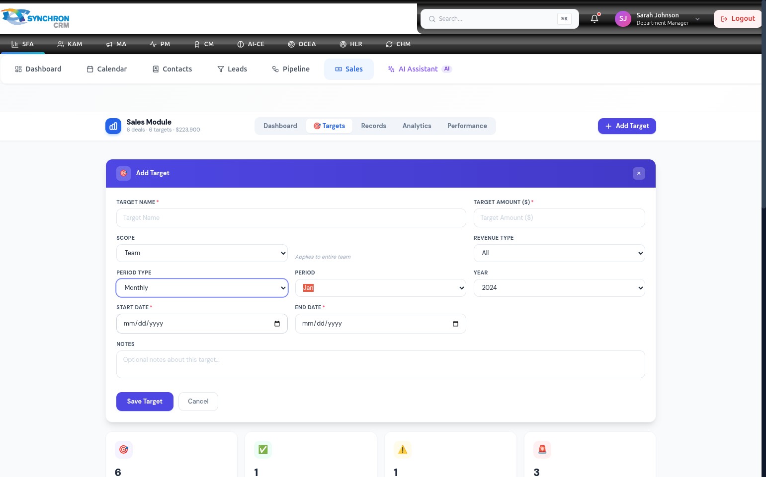 Add Target form with the Target Name field and Target Amount field highlighted as required fields, both empty with placeholder text