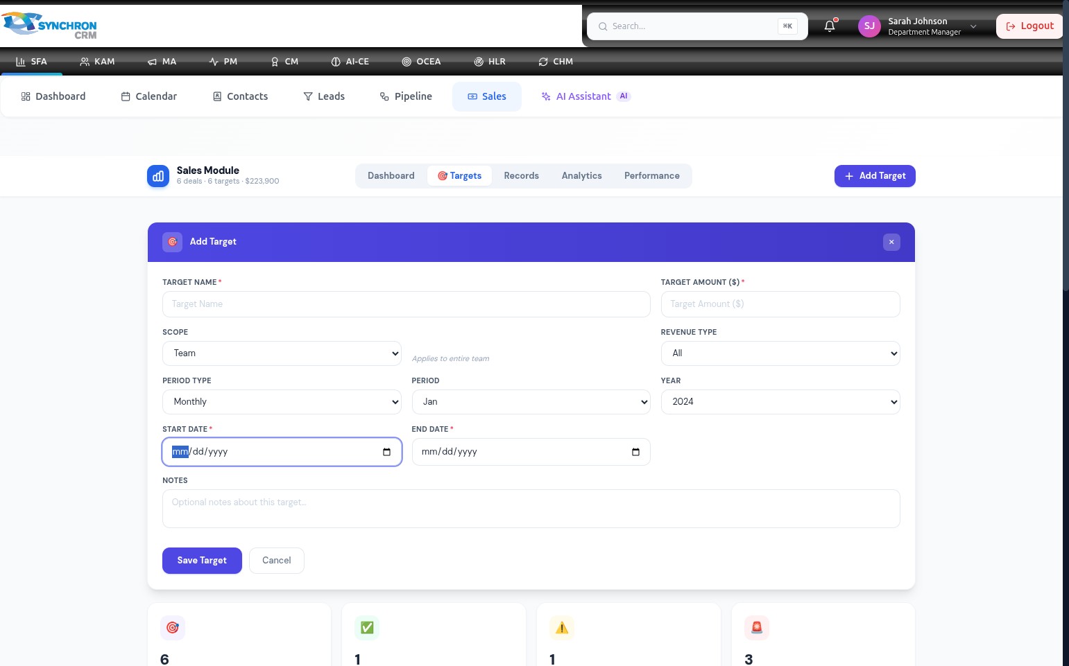 Add Target form with the Start Date field highlighted and a calendar picker open, showing MM/DD/YYYY format with a calendar icon