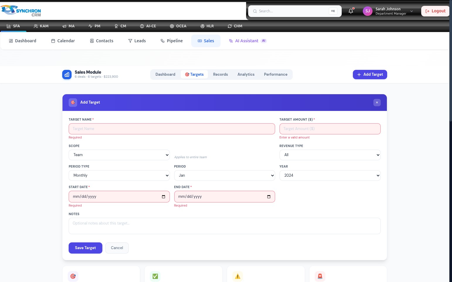 Completed Add Target form with Target Name, Target Amount, all scope and period settings, Start Date and End Date all filled in, ready for the Save Target action