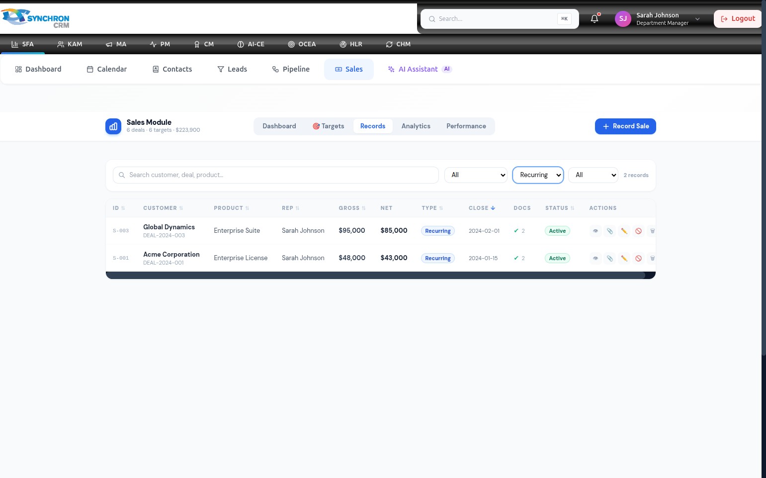 Sales Records table with the revenue type filter set to Recurring, showing only 2 records of Recurring type, with the filter dropdown highlighted