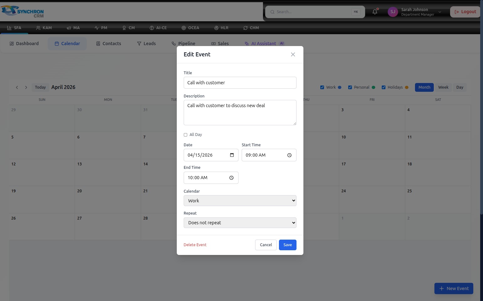 Sales module with the Records sub-tab active, showing a data table of sales transactions with columns for ID, Customer, Product, Rep, Gross, Net, Type, Close, Docs, Status, and Actions