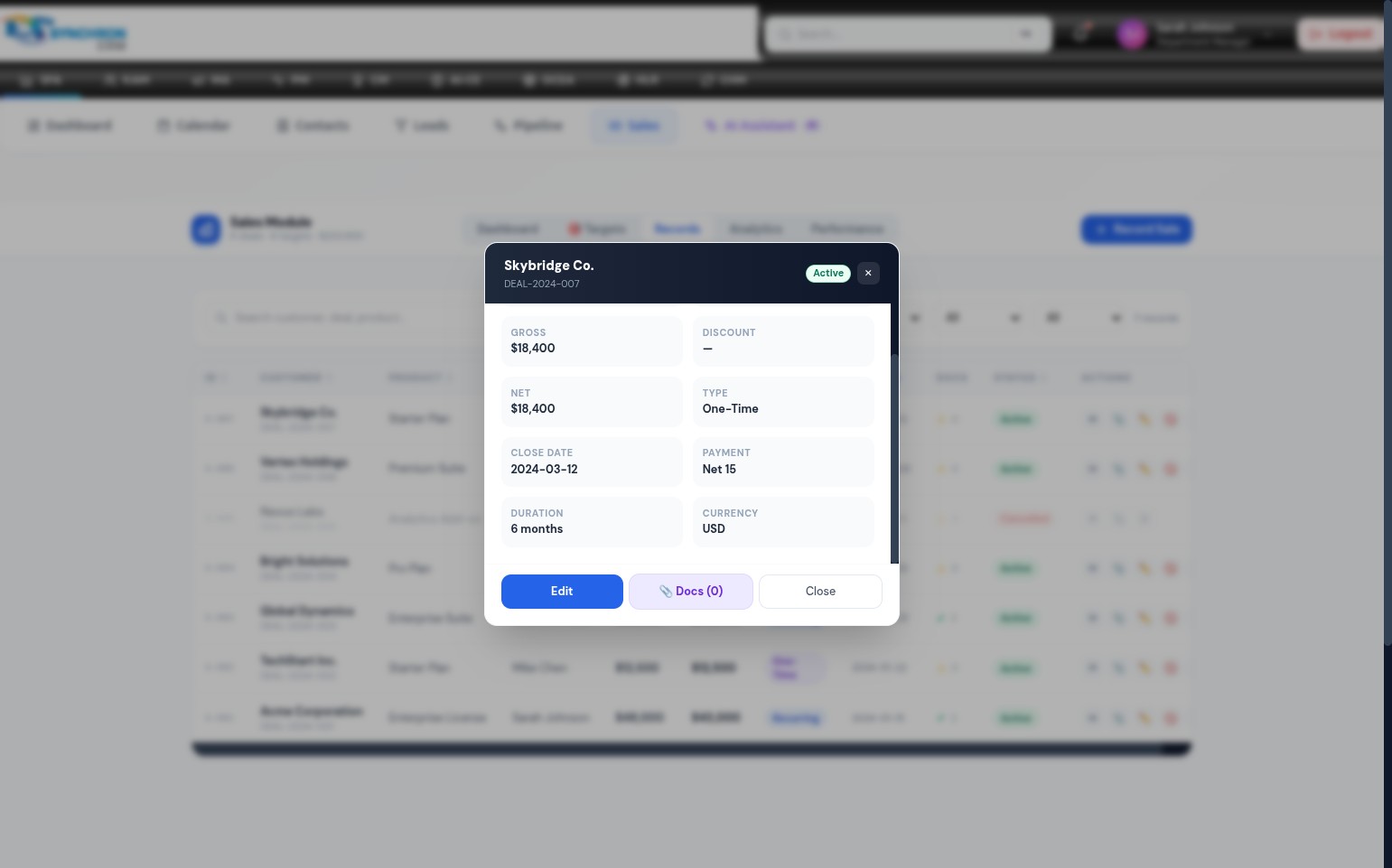 Deal Details panel open for a specific sale record, showing the complete transaction information including customer name, deal reference, product, gross and net values, assigned rep, close date, and document attachments