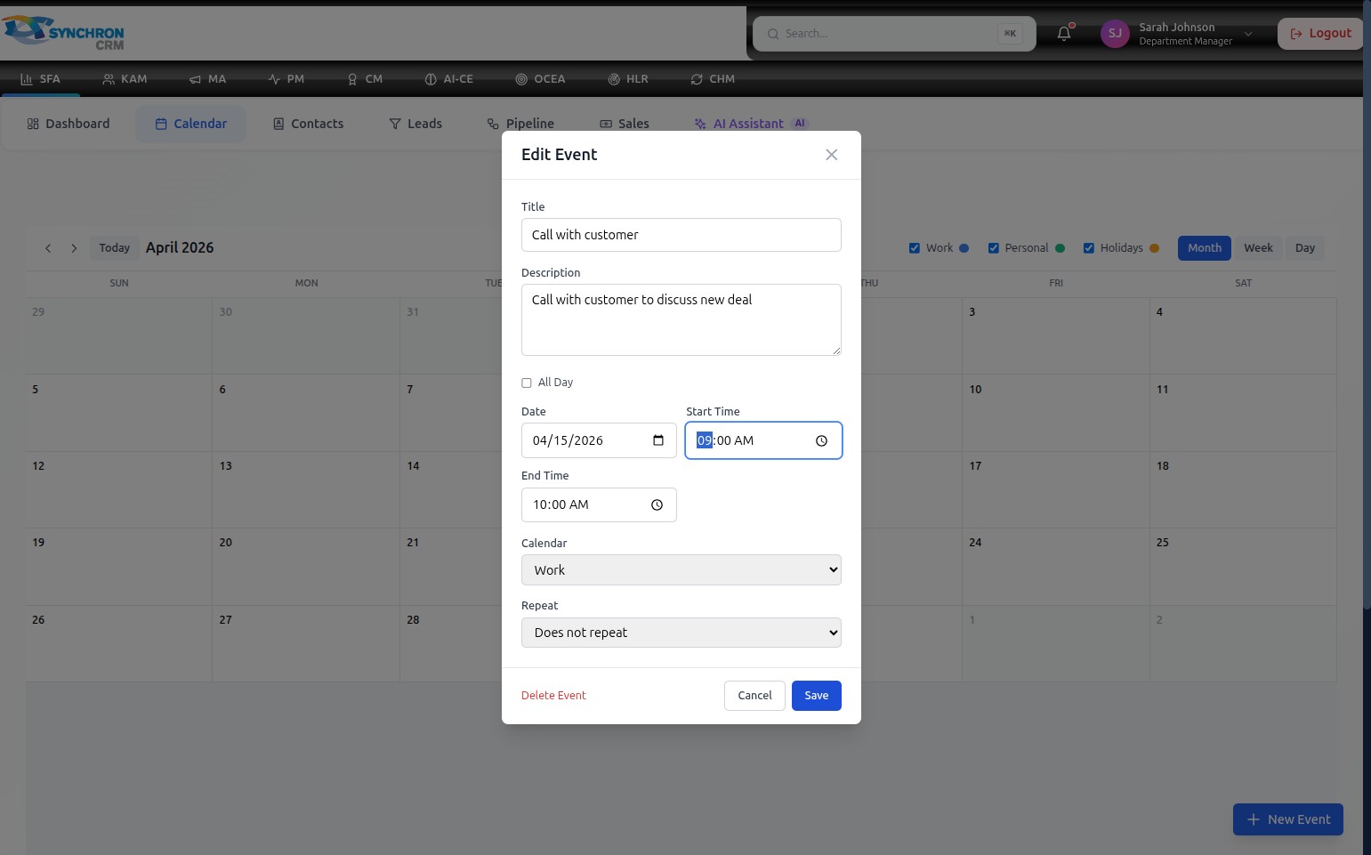 Edit Event dialog pre-populated with an existing event titled Call with customer, showing the date 04/15/2026, Start Time 09:00 AM, End Time 10:00 AM, Calendar set to Work, and the Repeat set to Does not repeat, with the Save button ready to confirm changes