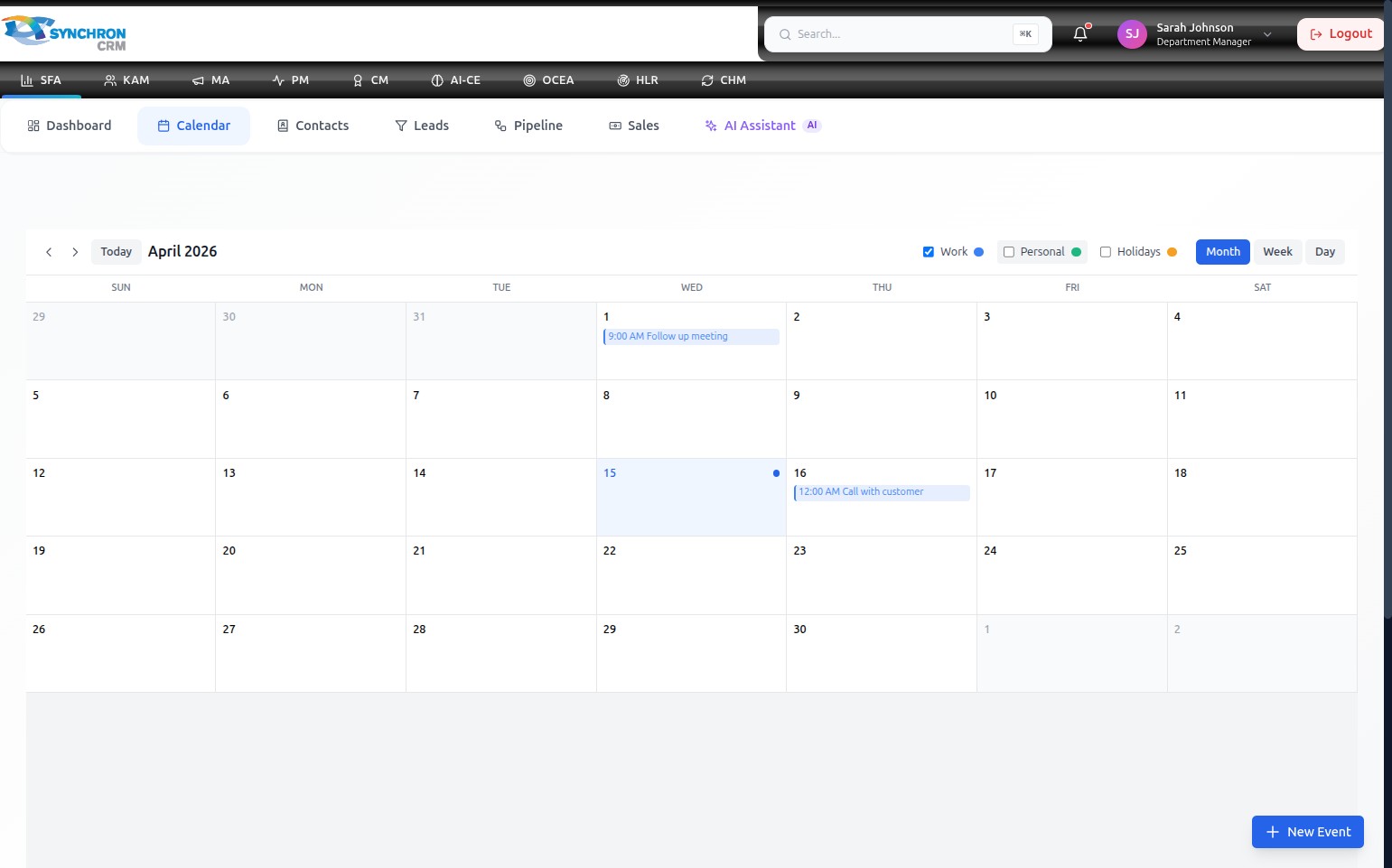 Calendar in Month view showing April 2026 with the Work, Personal, and Holidays filter checkboxes and the + New Event button