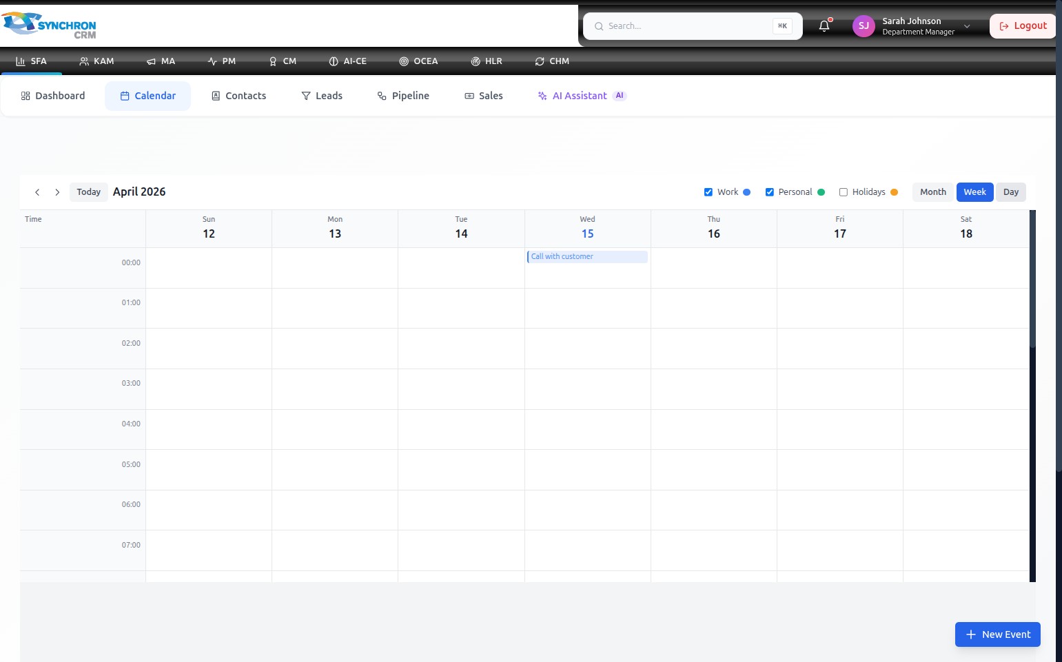 Week view for April 12–18, 2026 showing hourly time slots and a Call with customer event block on Wednesday at 00:00