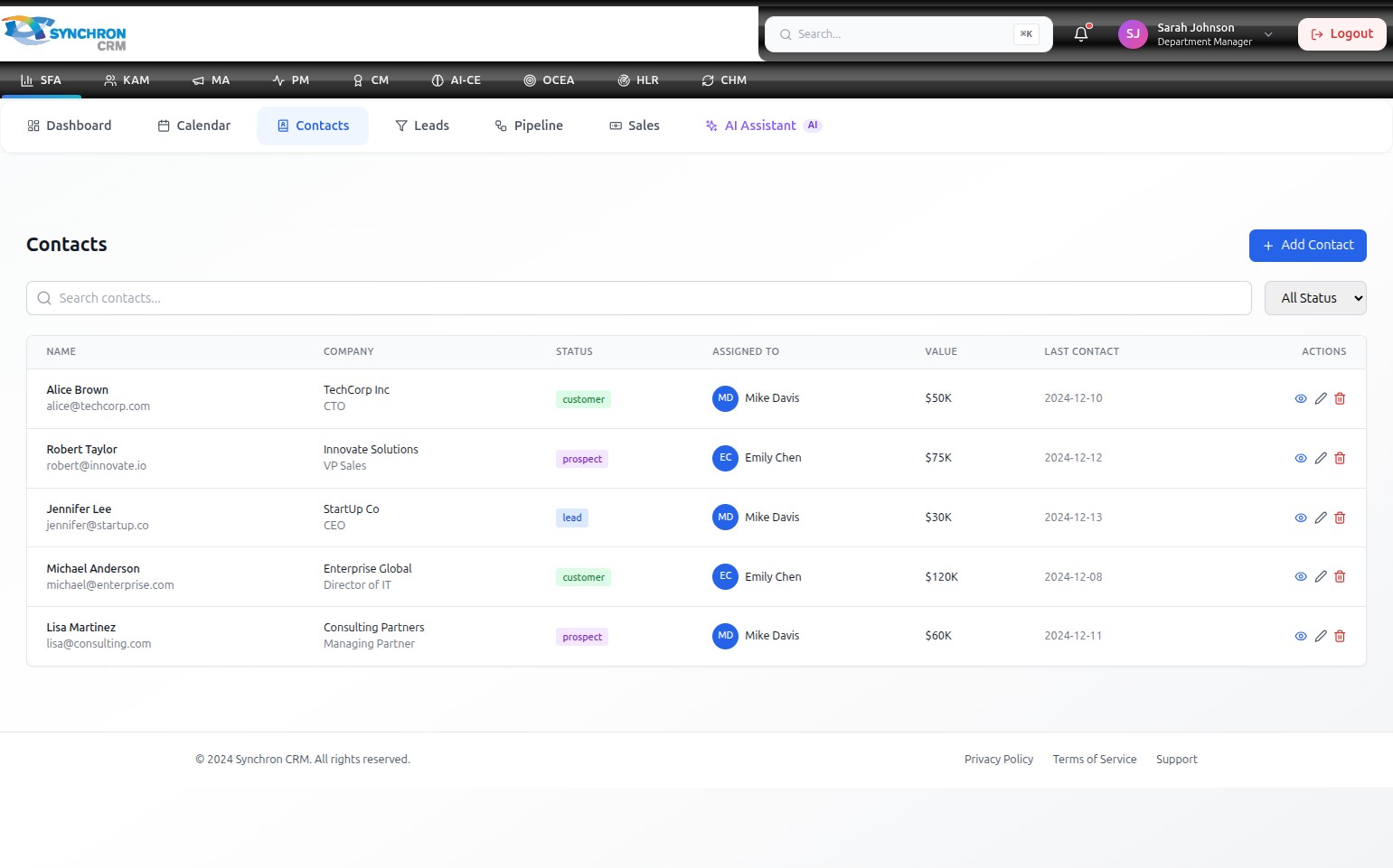 Contacts list showing multiple contact records in a table with columns for Name, Company, Status, Assigned To, Value, Last Contact, and Actions. Status badges show color-coded labels such as customer (green), prospect (purple), and lead (blue)