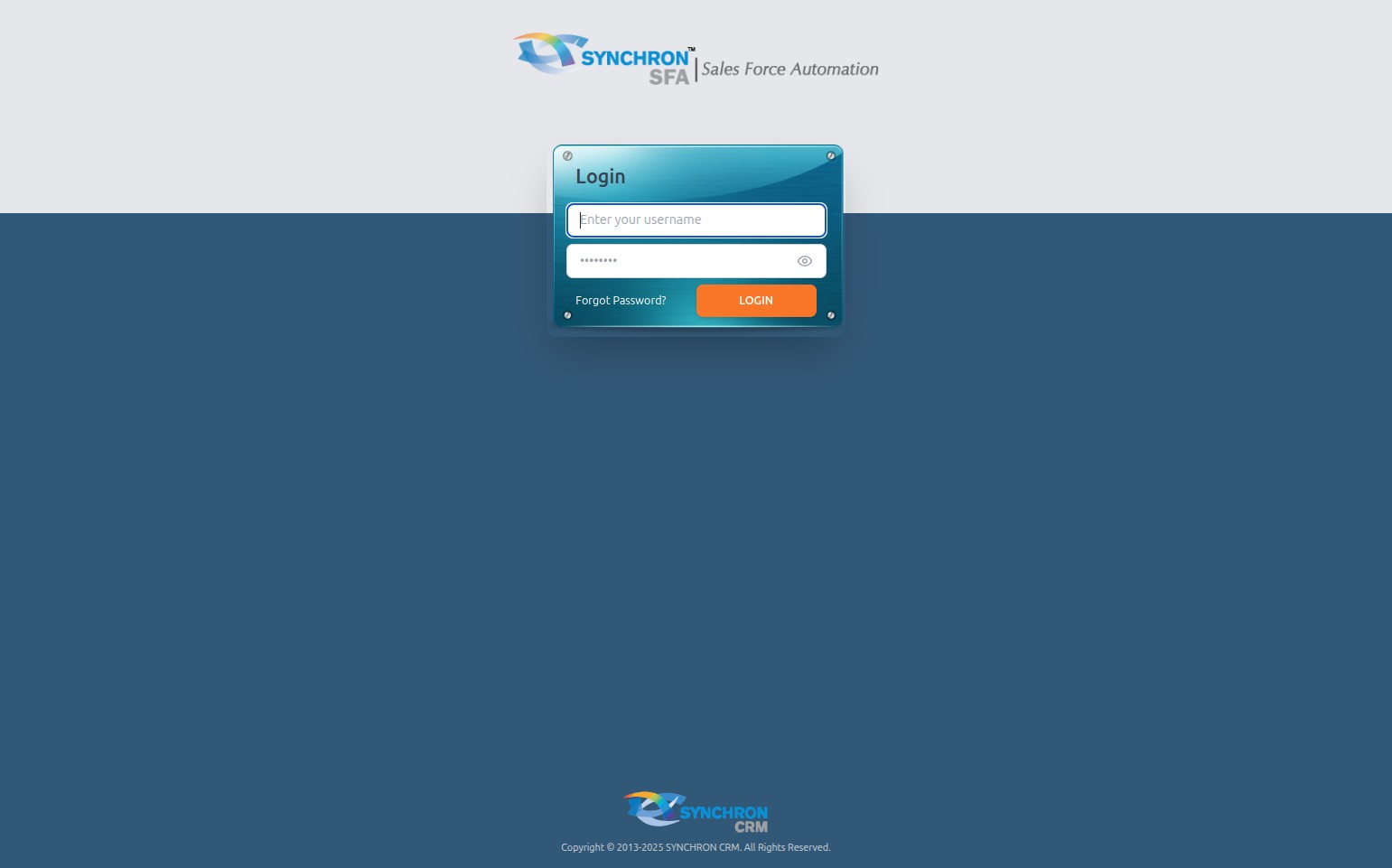 SYNCHRON SFA login screen with the username and password fields visible, the orange LOGIN button, and the Forgot Password link — showing the same login interface from the application entry point