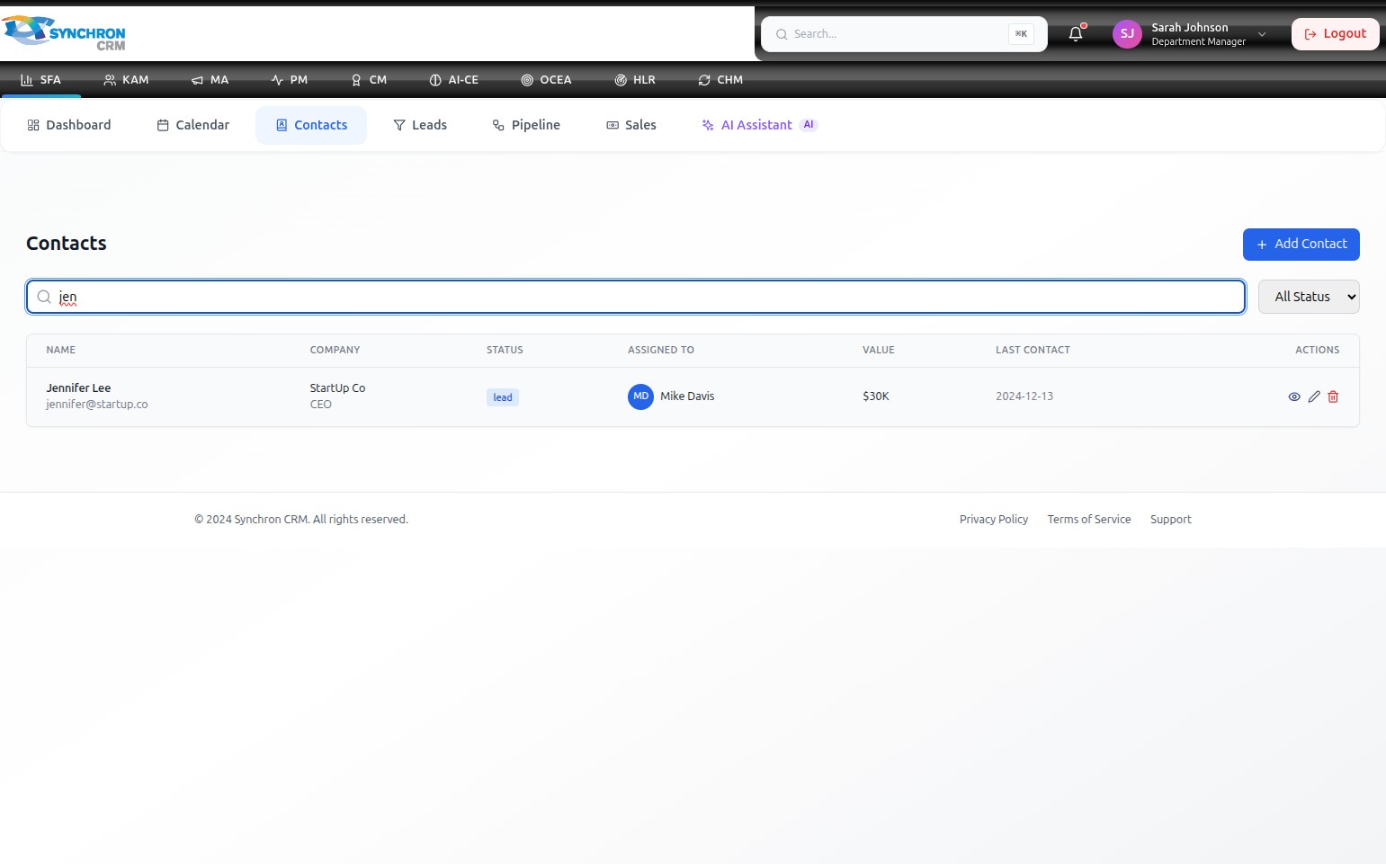 Contacts list with the search field containing jen showing one matching result — Jennifer Lee from StartUp Co — with her status badge Lead, assigned owner Mike Davis, and value $30K visible