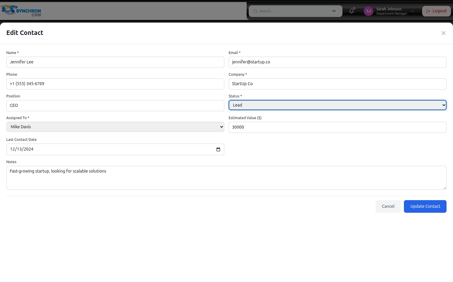 Edit Contact modal for Jennifer Lee showing the Name, Email, Phone, Company, and Position fields all filled in and ready to be edited