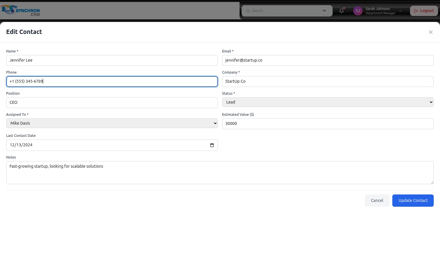 Edit Contact modal with the Phone field currently focused and the cursor visible inside it, showing the contact's details for Jennifer Lee with all other fields visible