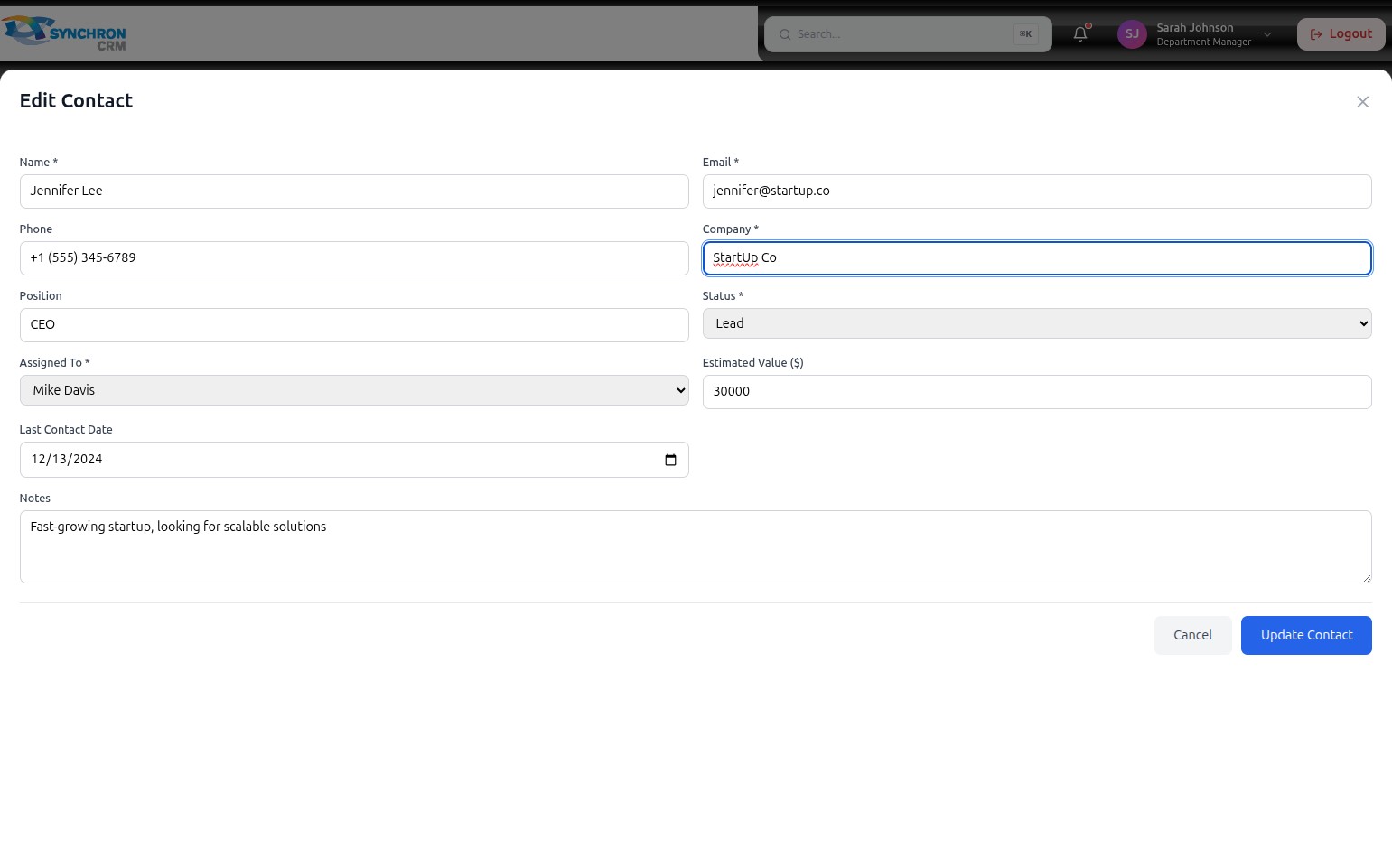 Edit Contact modal with the Status dropdown expanded, showing Lead, Prospect, and Customer as available options for the contact's relationship status
