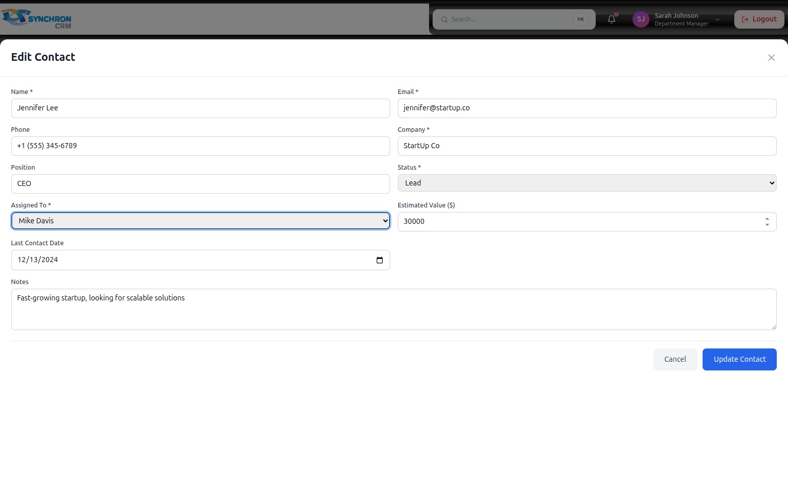 Edit Contact modal with all fields visible and the blue Update Contact button and gray Cancel button at the bottom right