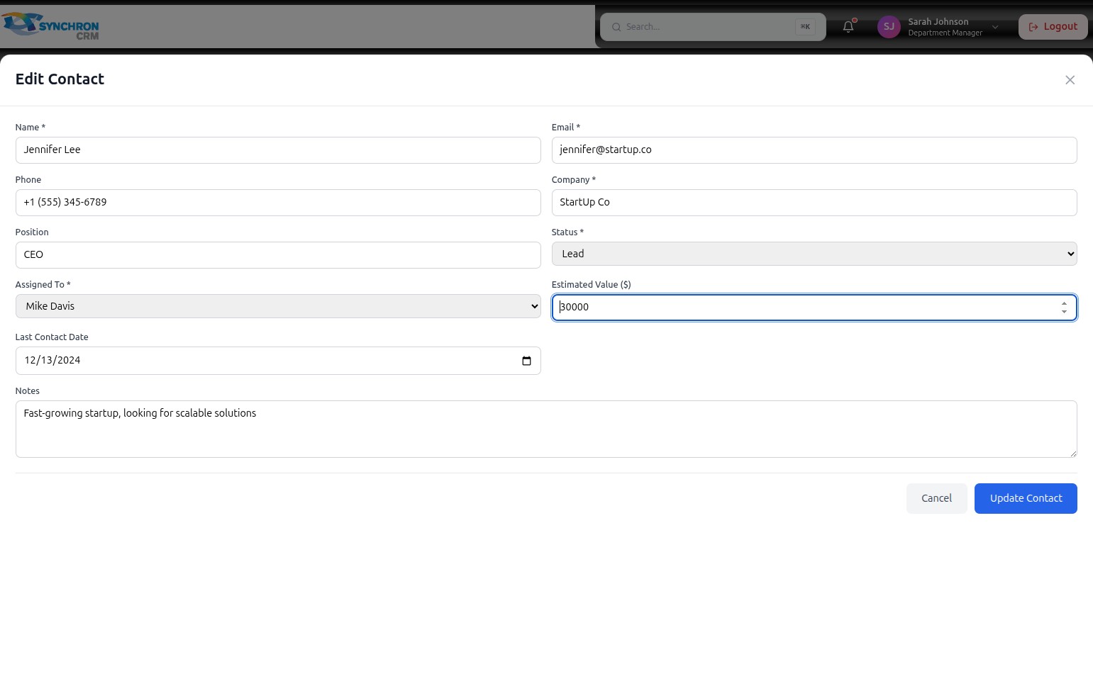 Edit Contact modal showing the Notes text area at the bottom of the form, containing context about the contact such as Fast-growing startup, looking for scalable solutions