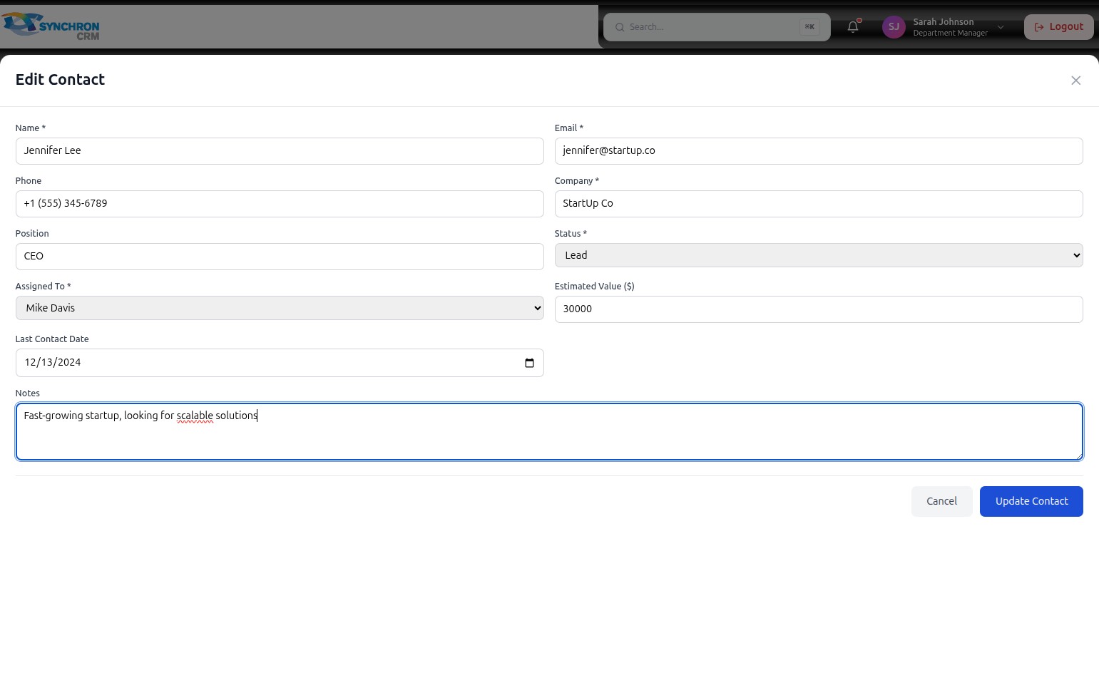 Edit Contact modal with all fields visible and completed, showing Jennifer Lee's full profile ready for saving