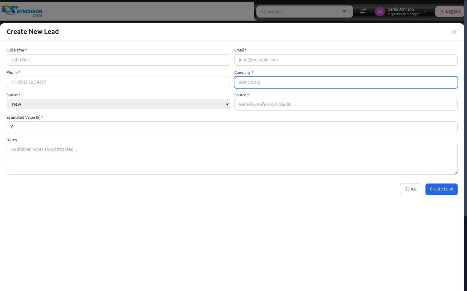 Create New Lead form with all required fields filled in — Full Name, Email, Phone, Company, Status set to New, Source filled — and the Estimated Value field showing 0 with a number spinner