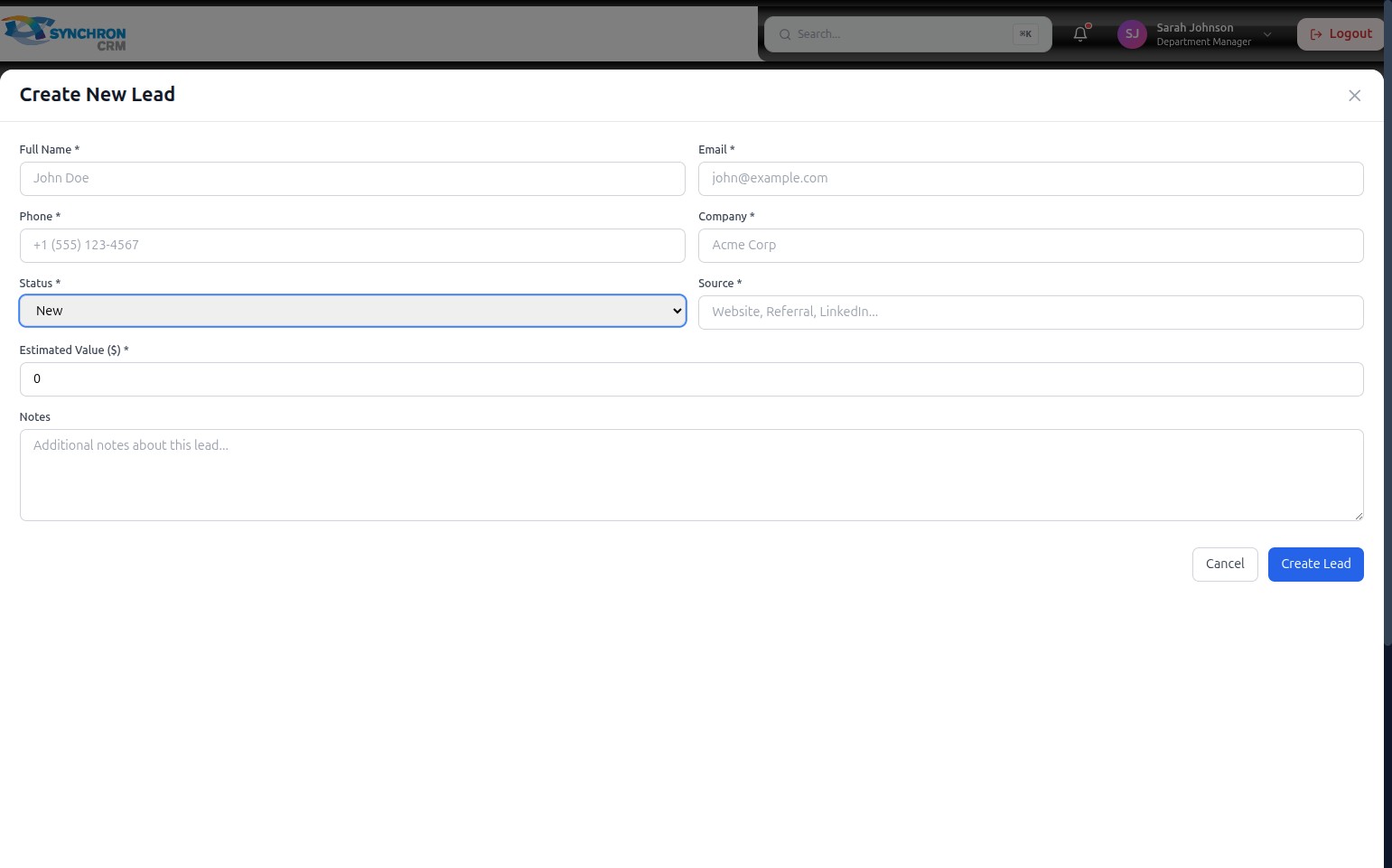 Create New Lead form fully completed with all required fields filled and the Notes text area visible below, with the blue Create Lead button and gray Cancel button at the bottom