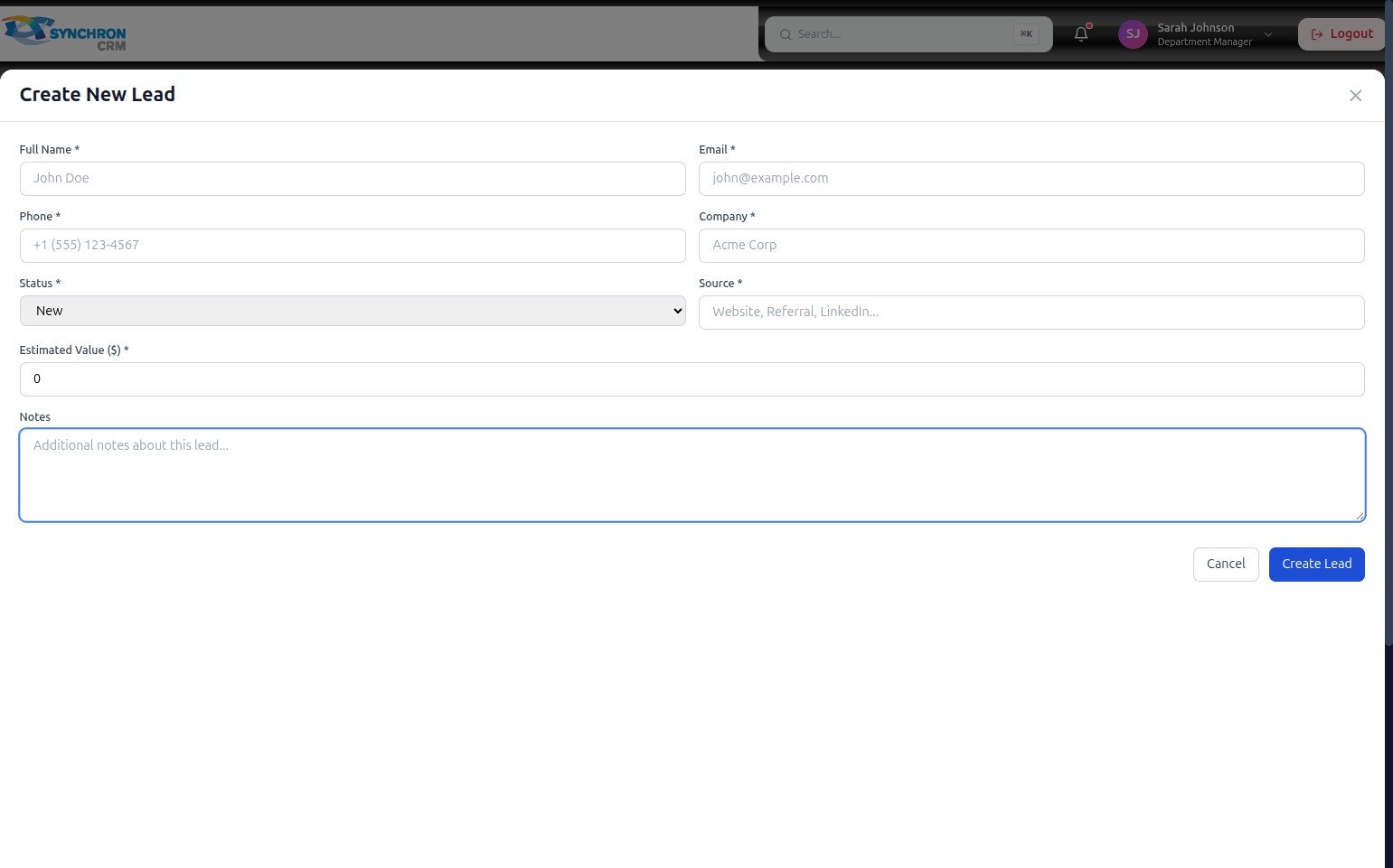 Create New Lead form showing the Notes text area focused and ready for input, with the Estimated Value field filled above it