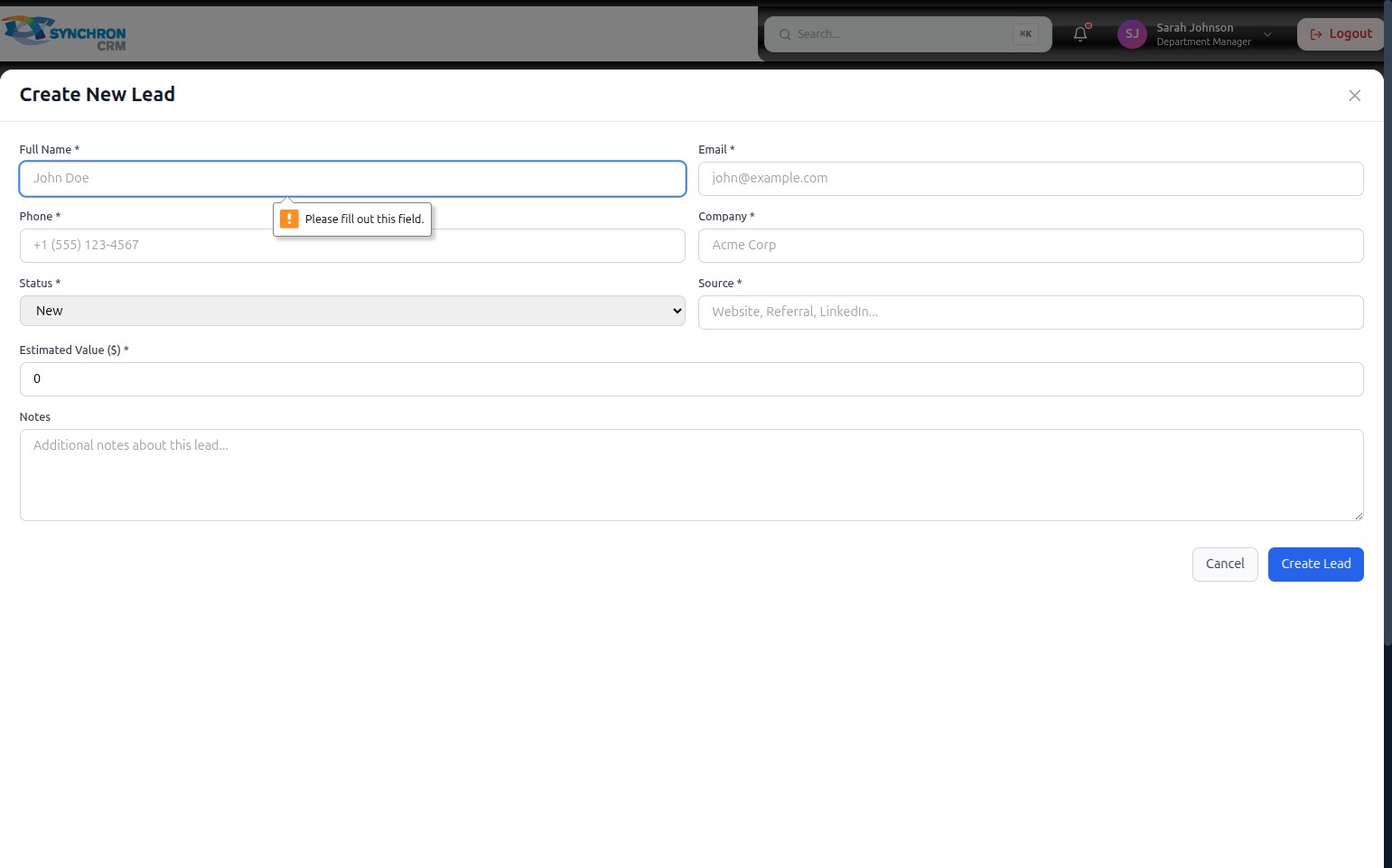Create New Lead form fully completed with all required fields filled and the Notes text area containing additional context about the lead