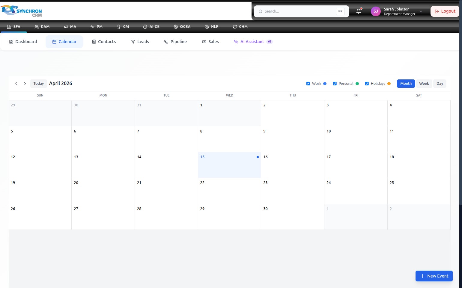 Calendar module in Month view for April 2026, showing the full monthly grid with date cells, event entries visible within specific days, and the view toggle buttons Month, Week, Day in the top-right area