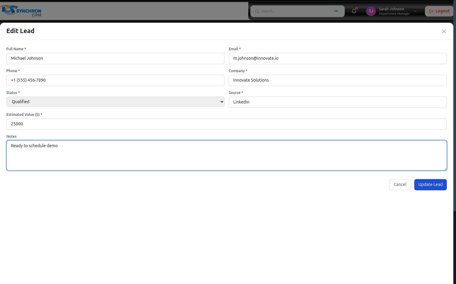 Edit Lead modal pre-populated with data for Michael Johnson, showing his email, phone, company Innovate Solutions, Status set to Negotiation, Source set to LinkedIn, Estimated Value, and Notes fields, with the blue Update Lead button at the bottom