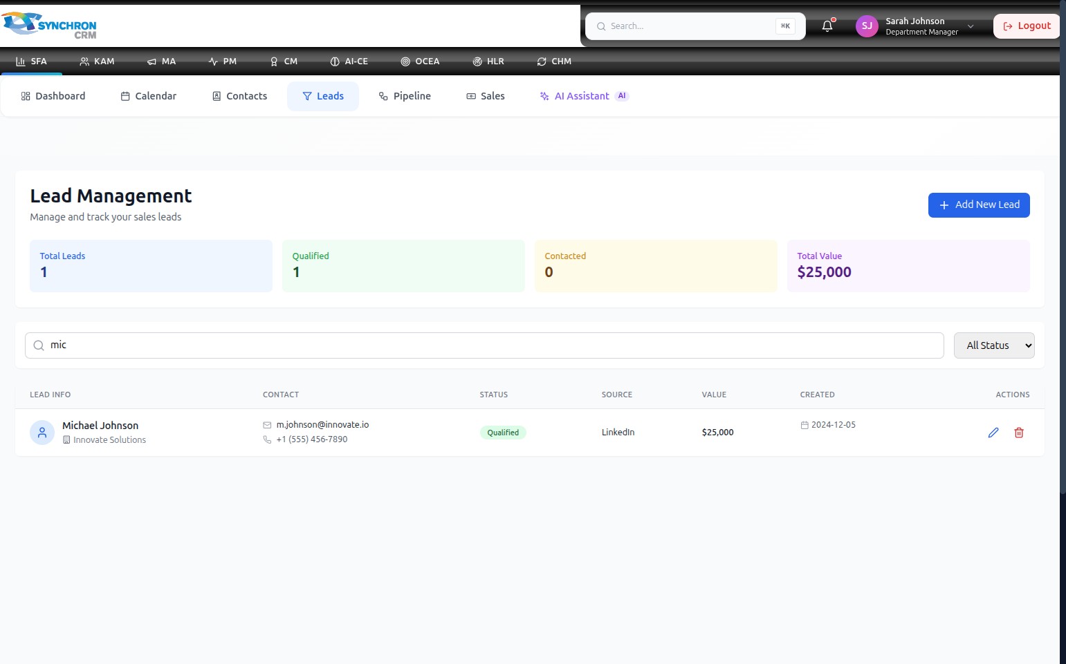 Leads table with the search field containing mic, showing one filtered result — Michael Johnson from Innovate Solutions with a Qualified status badge, LinkedIn source, and a value of $25,000