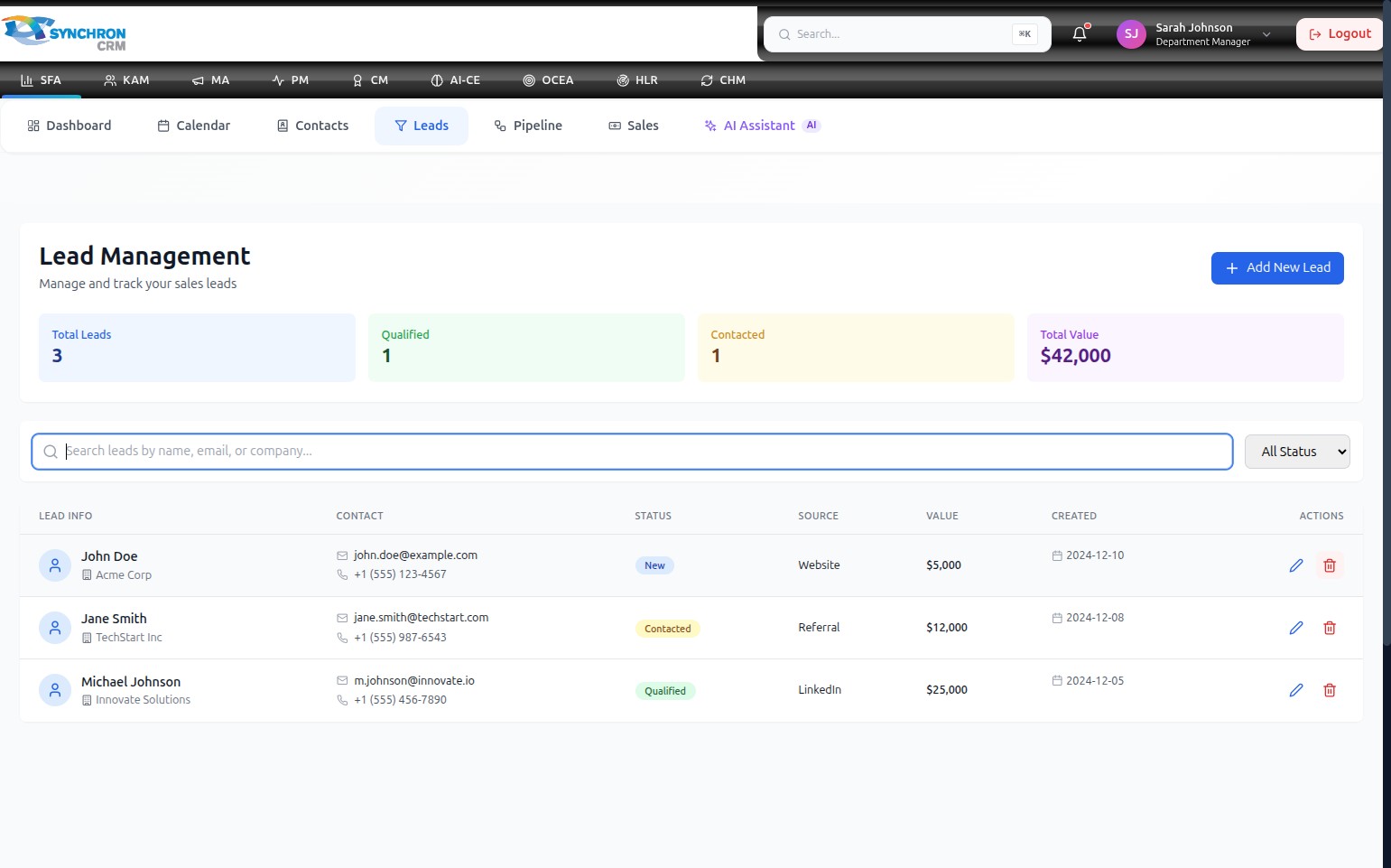 Leads Management dashboard showing four summary stat cards — Total Leads: 3, Qualified: 1, Contacted: 1, Total Value: $42,000 — and a leads table below with columns Lead Info, Contact, Status, Source, Value, Created, and Actions